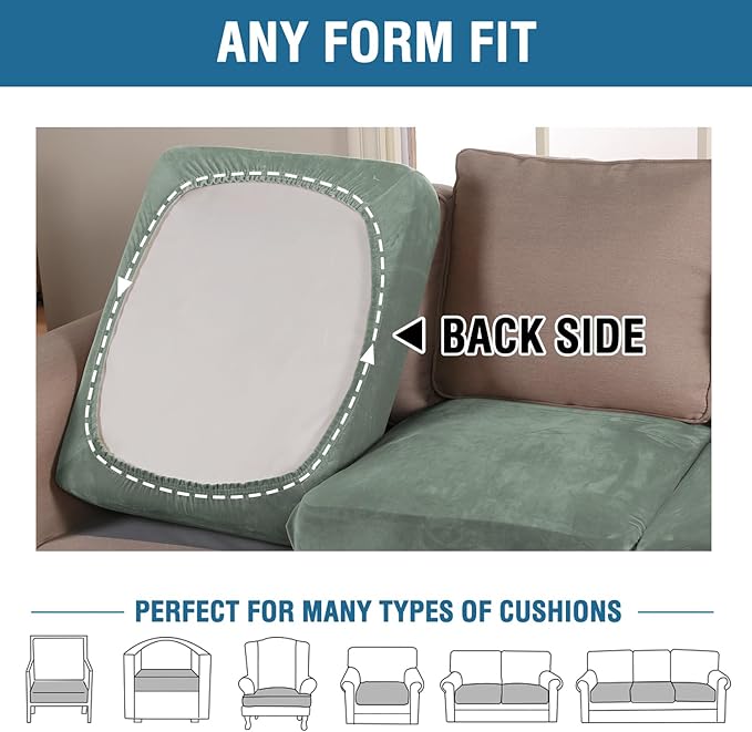 H.VERSAILTEX Velvet Stretch Couch Cushion Cover Plush Cushion Slipcover for Chair Loveseat Sofa Cushion Furniture Protector Seat Cushion Sofa Cover (2 Piece Large Sofa Cushion Covers, Sea Grass)