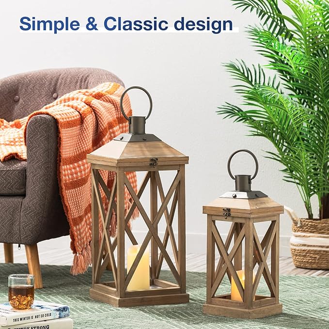 Glitzhome Mondern Farmhouse Wood Metal Lanterns Decorative Hanging Candle Lanterns Set of 2, Natural (No Glass)