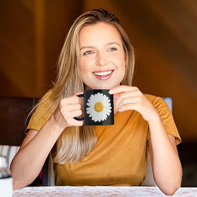 12Oz Daisy Black Ceramic Mug, Mug for Daily Coffee and Tea, Lead-free, Microwave and Dishwasher Safe Coffee Mug, Perfect gifts for women and men