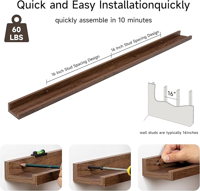 Fun Memories Picture Ledge Shelf, 48 Inch Floating Shelves Set of 2, Large Nursery Book Shelves for Toys Storage, Kids Bookshelf Wall Mounted for Wall Decor Books Photo Frames, Walnut