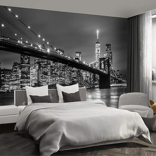Gray Brooklyn Bridge at Night NYC Wall murals New York Peel and Stick Wallpaper for Bedroom Living Room - 85"x118"