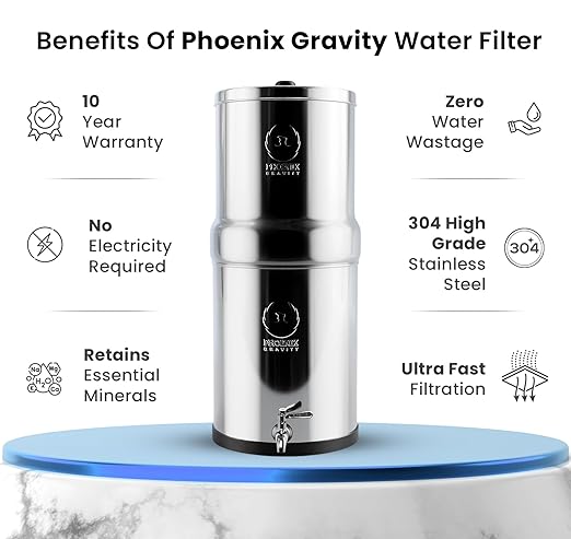 Gravity Water Filter System - 1.5 Gallons NSF Certified AISI 304 Stainless Steel Water Filter with 2 Smart (Black) Carbon Filter Elements & Free Stainless Steel Stand and Spigot (1.5G)