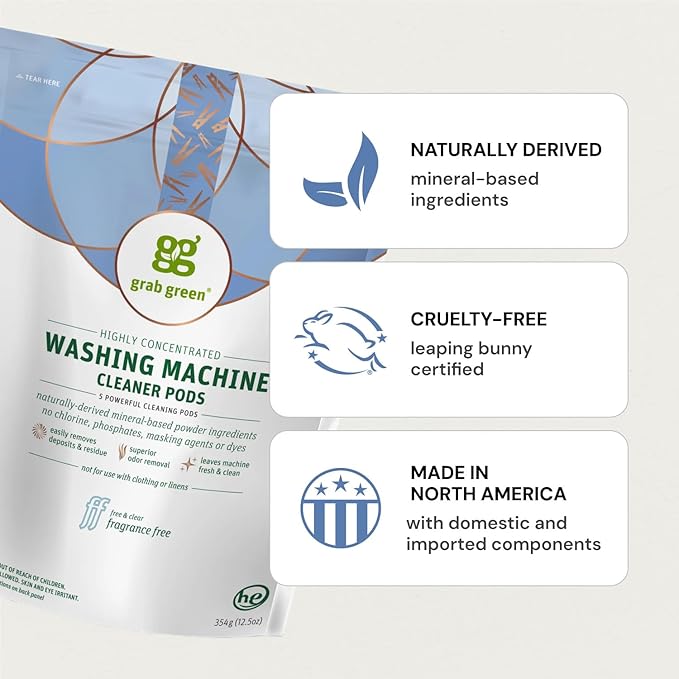 Grab Green Washing Machine Cleaner, 2 Count, Fragrance Free, Mineral Based Removes Deposits and Odors, Naturally Cleans