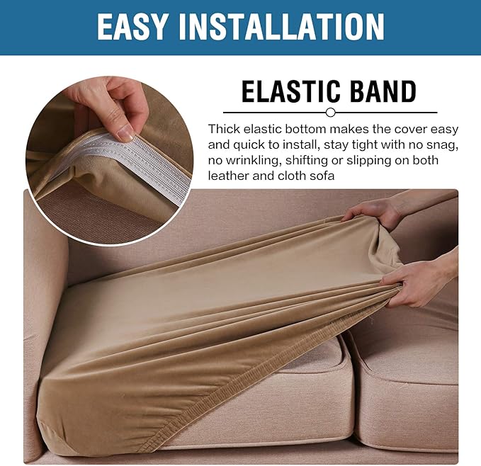 H.VERSAILTEX Velvet Stretch Couch Cushion Cover Plush Cushion Slipcover for Chair Loveseat Sofa Cushion Furniture Protector Seat Cushion Sofa Cover (3 Piece Sofa Cushion Covers, Camel)