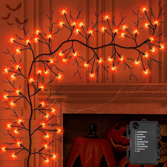 7 Ft Halloween Decorations Willow Vine Twig Garland with 8 Modes Timer 63 LED Orange Lights, Halloween Garland with Waterproof Battery Operated for Wall Fireplace Decorations Indoor Outdoor