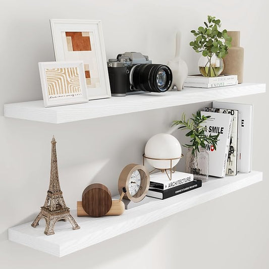 Fun Memories Floating Shelves 55 Inch Set of 2, White 55 x 9 Wall Shelves for Home Decor Storage, Rustic Wood Floating Shelf for Wall, 9 Inch Deep Shelving for Bathroom, Living Room, Kitchen