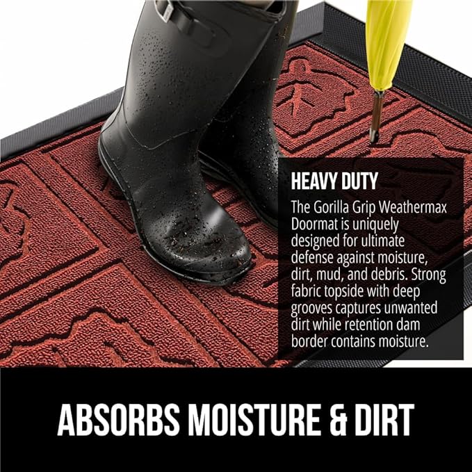 GORILLA GRIP 100% Waterproof All-Season WeatherMax Doormat, US Designed Natural Rubber, Stain and Fade Resistant, Low Profile Indoor Outdoor Door Mats, Easy Clean Patio Mat, 17x29, Burgundy Leaves