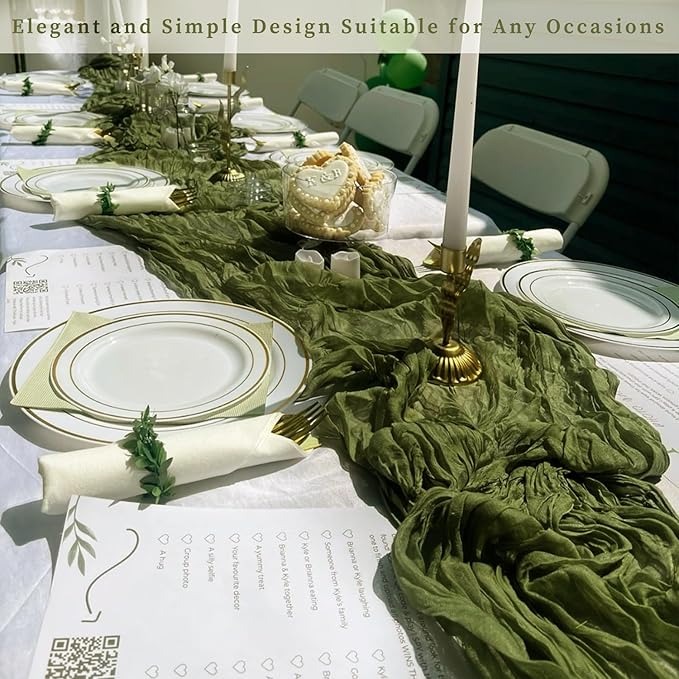 6 Pack Olive Green 10FT Cheesecloth Table Runner Rustic Gauze Cheese Cloth Table Runner for Wedding Bridal Baby Shower Table Decorations Boho Fabric Sheer Birthday Party Decor 20 x 120 Inch Long