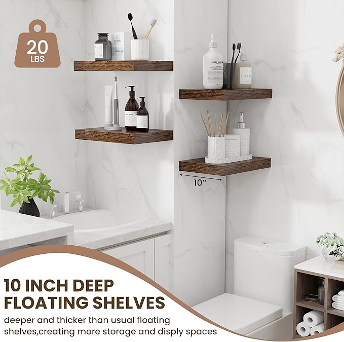 Fun Memories Wood Floating Shelves 16 Inch, 10 Inch Deep Shelves Wall Mount, Wall Shelves with Invisible Bracket, 16" Floating Shelves for Living Room Bathroom Bedroom, Rustic Brown, Set of 2