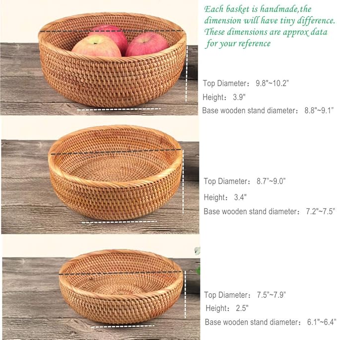 3 Pack Hadewoven Round Rattan Fruit Basket Wicker Food Tray Weaving Storage Holder Dinning Room Bowl, 10 Inch Small Wicker Basket Serving Tray Woven Basket for Bread,Snack,Brown(3-Size Kit)