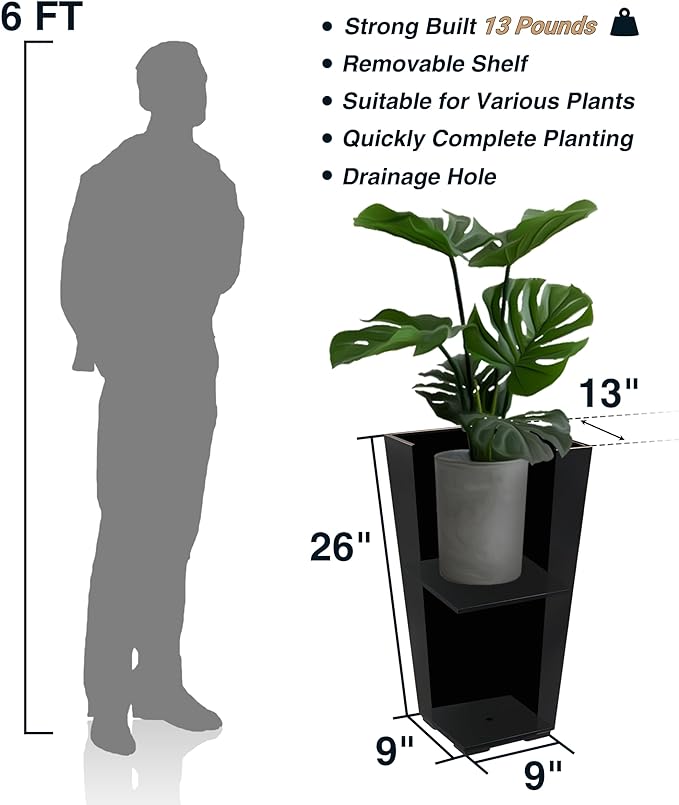 26 Inch Planter Tall Tapered Planter for Front Porch, Patio, Deck, Garden Indoor/Outdoor Tree Planters, Set of 4, Black with Copper Hand Brushed Rim