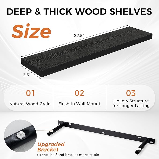 Fun Memories Floating Shelves for Wall, 27.5" Rustic Wood Deep Wall Mounted Shelves with Invisible Brackets for Decor & Storage, Floating Shelf for Living Room, Bathroom (Black, Set of 2)