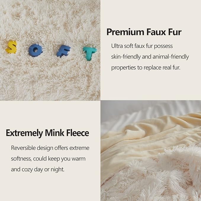 GONAAP Fuzzy Faux Fur Throw Blanket Ivory Super Soft Cozy Plush Fuzzy Shaggy Blanket for Couch Sofa Bed (Ivory, Throw(40"x50"))