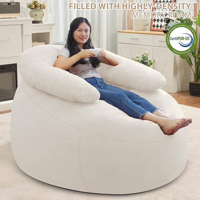 HABUTWAY Bean Bag Chair with U-Shaped Pillow for Adult and Kids Big BeanBag Chair with Filling Ultra Soft Faux Fur Couch Chair with Washable Cover for Living Room Bedroom Office, Beige & Beige