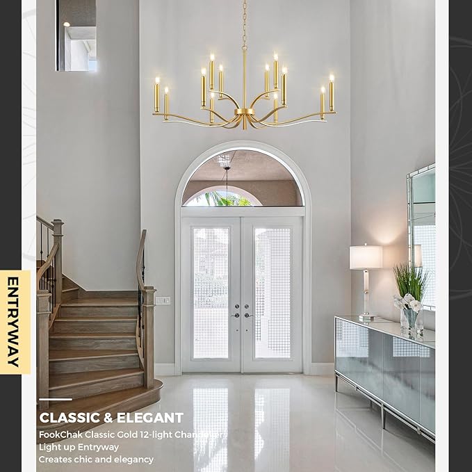 12 Light Gold Living Room Chandelier High Ceiling Foyer Candle Chandelier Large Modern Brass 44in Metal Chandeliers Hanging Light for Master Bedroom Dining Room Light Fixture Over Table