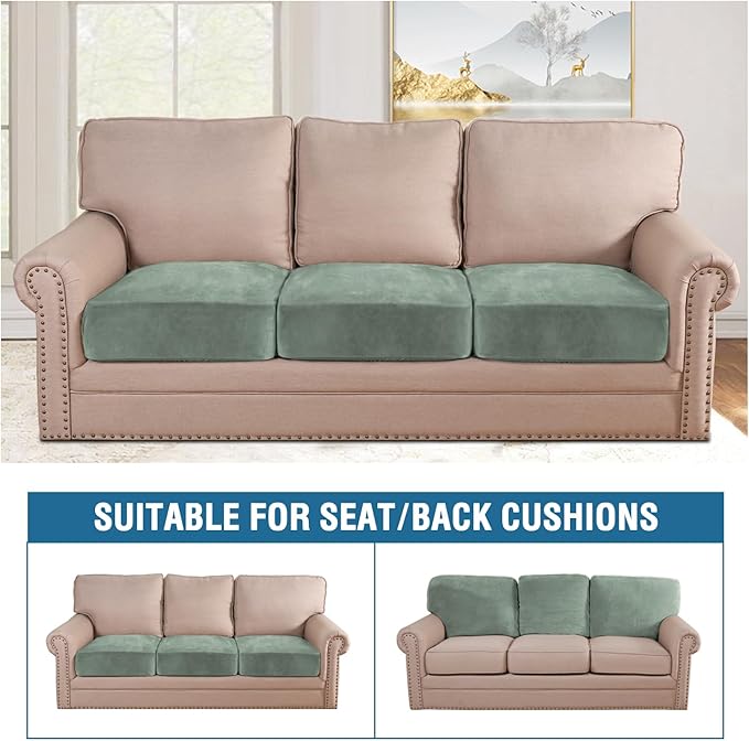 H.VERSAILTEX Velvet Stretch Couch Cushion Cover Plush Cushion Slipcover for Chair Loveseat Sofa Cushion Furniture Protector Seat Cushion Sofa Cover (3 Piece Sofa Cushion Covers, Sea Grass)