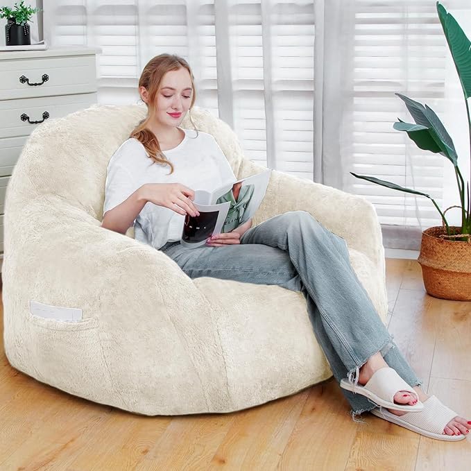 Giant Bean Bag Chair, Oversized Bean Bag Chairs for Adults and Kids, Gaming Chair Stuffed Memory Foam | Storage | Non-Slip, Removable Bean Bag Sofa Comfy Chair for Bedroom, Livingroom (Beige)