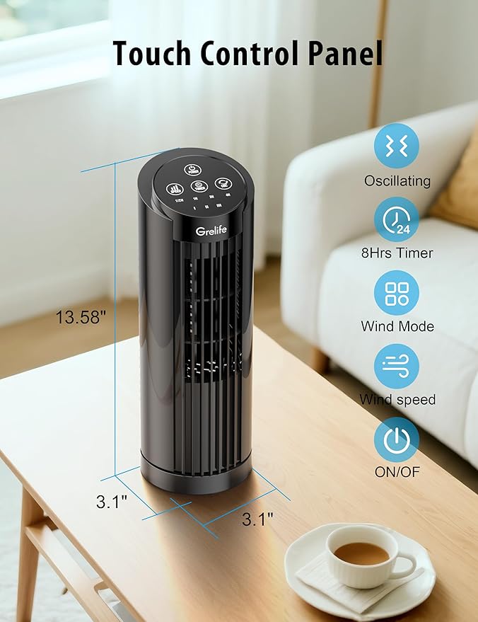 Grelife 13'' Tower Fan for Bedroom, 26dB Quiet Floor Fan with Remote, 3 Mode, 1-8H Timer, 90° Oscillating Fans for Indoors with 27ft/s Velocity, Portable Desk Table Fan for Room, Home, Office,Black