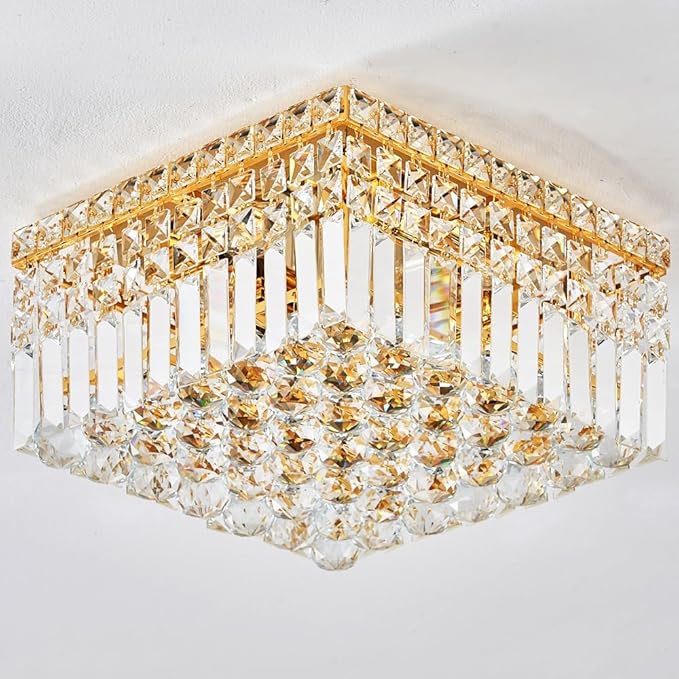 4-Light Gold Crystal Chandeliers Flush Mount Chandelier Light Fixture with K9 Crystals Modern Ceiling Lights Elegant Square Lamp for Bedroom,Hallway,Bar,Living Room,Dining Room,H5.9 xW13.7