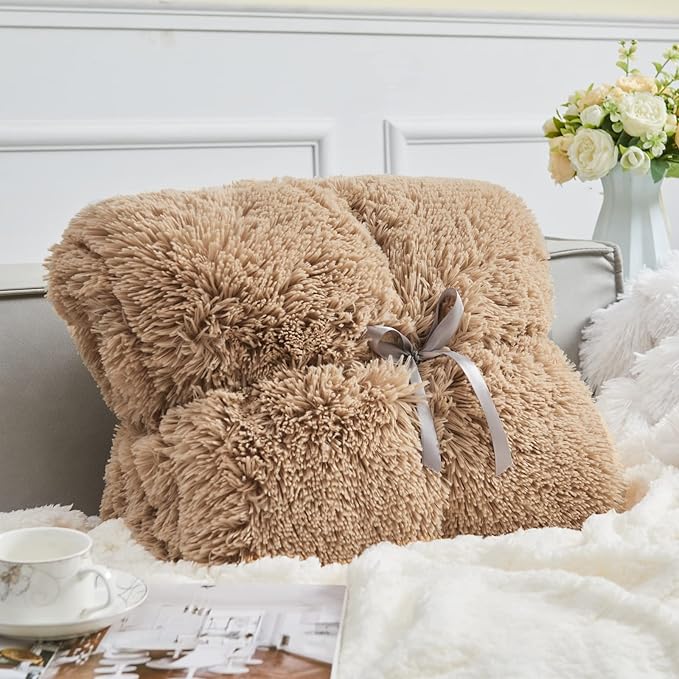 GONAAP Fuzzy Faux Fur Throw Blanket Queen Size Brown Super Soft Cozy Plush Fuzzy Shaggy Blanket for Couch Sofa Bed (Brown, Queen(90"x90"))