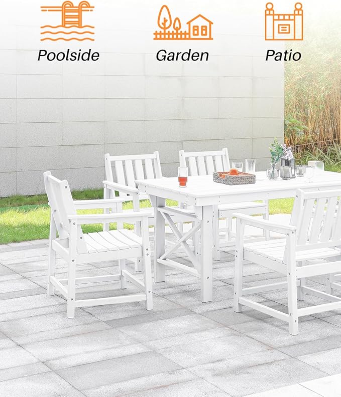 7 Pieces HDPE Outdoor Dining Set, Patio Dining Set with Umbrella Hole, All Weather Outdoor Dining Table Sets for 6, HDPE Patio Furniture Sets for Deck, Backyard, Lawn, and Poolside, Pearl