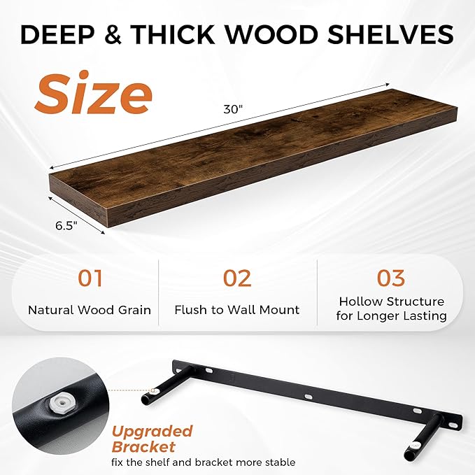 Fun Memories Floating Shelves for Wall, 30" Rustic Wood Deep Wall Mounted Shelves with Invisible Brackets for Decor & Storage, Floating Shelf for Living Room, Bathroom (Rustic Brown, Set of 2)