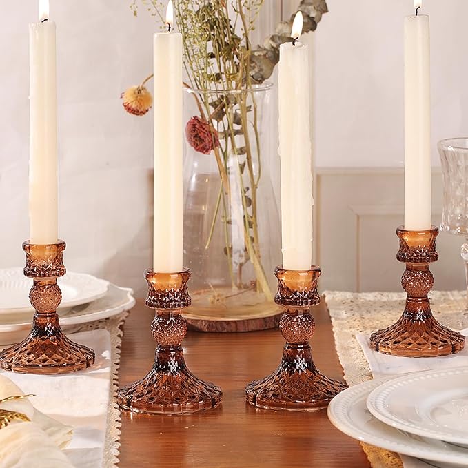 12Pcs Amber Candlestick Holders Set- 4" H Taper Candle Holders Bulk, Glass Candle Holders for Wedding, Party, Fall Dinner Table Centerpieces, Festival Gifts & Windowsill Decor