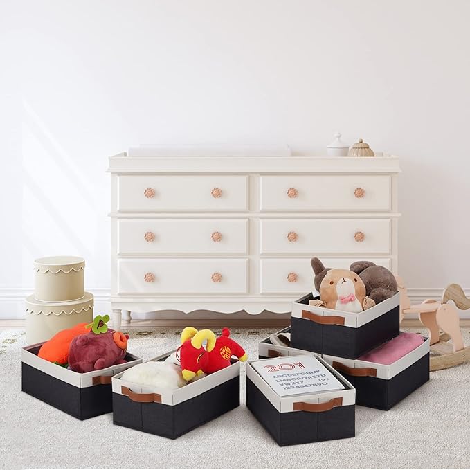 GhvyenntteS Storage Baskets for Organizing, Fabric Storage Bins with Leather H&les, Foldable Rectangular Storage Baskets for Shelves, Closets, Home, Office(Black/White, 6 Pack)11.8X7.9X5.1 in