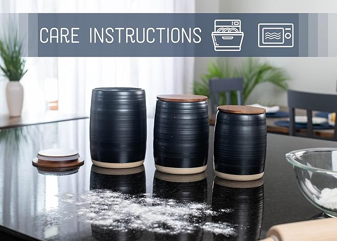 Nat & Jules Lidded Black 6 inch Ceramic and Wood Kitchen Canisters Set of 3