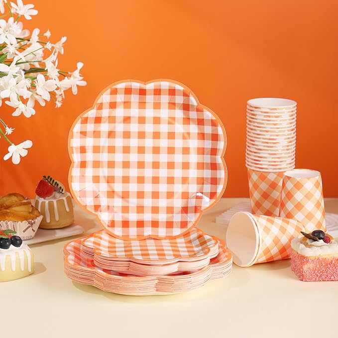350 Pcs Orange and White Gingham Party Supplies - Orange Gingham Paper Plates and Napkins Sets Serve 50 - Scalloped Checkered Plates for Birthday Picnic Fall Halloween Thanksgivng Party Decorations
