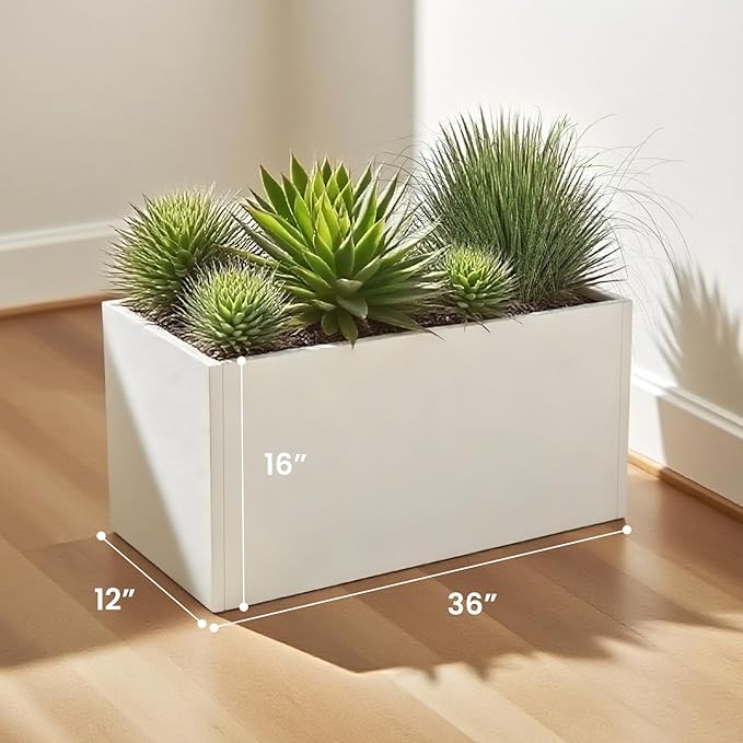 Galvanized Steel Garden Planter - White Matt Galvanized Metal Planter Box - Modern Metallic Heavy Planter - Indoor & Outdoor, Commercial & Residential (White, L36 x W12 x D16)