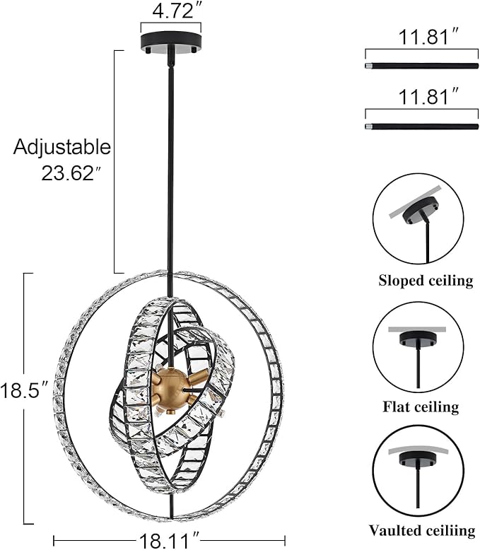 18" Crystal Globe Sputnik Chandelier, 6-Light Black Gold Modern Adjustable Hanging Ceiling Pendant Light Fixture for Entryway Foyer Stairway Bedroom Dining Living Room Hallway