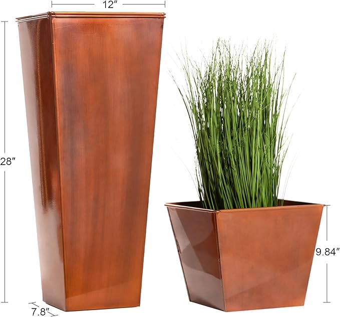 28in Tall Metal Copper Square Planter Galvanized Steel Metal Planters for Indoor/Patio Deck Garden Entrance Planter