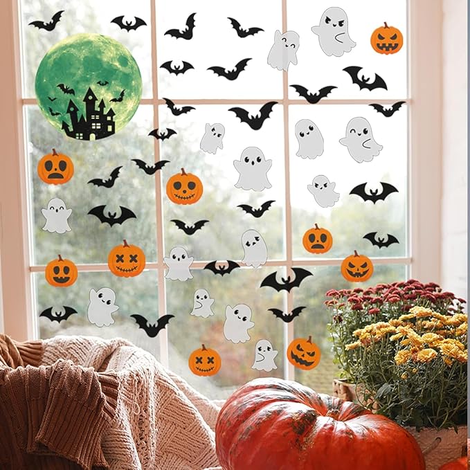 6 Sheets Halloween Window Clings Halloween Window Stickers Double-Sided Removable Castle Pumpkin Ghost Bat Window Decals Decor for Scary Halloween Theme Party Decorations