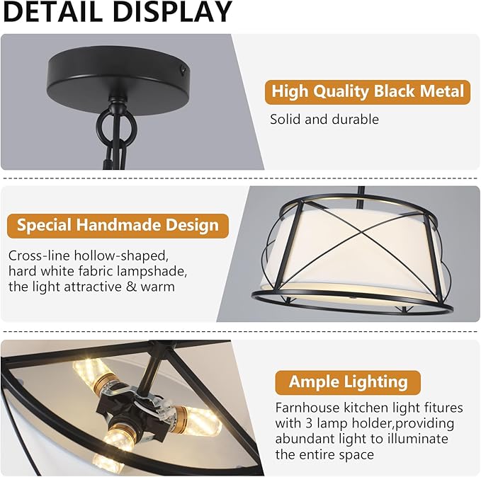 15.7" Black Drum Chandelier,3-Light Modern Farmhouse Chandelier,White Fabric Drum Shade Pendant Light Fixture for Dining Room Kitchen Island Bedroom Entryway