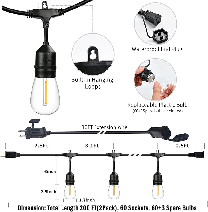 200FT String Lights for Outside LED Patio Lights Outdoor Waterproof with 63 Shatteproof Edison Lights Outdoor String Lights 2200K for Patio Gazebo Pergola Café