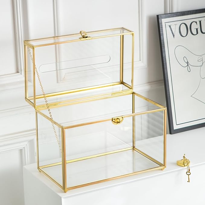 Glass Wedding Card Box with Slot, 10.2 inch Clear Card Box Gold Brass Gift Card Storage Box with Lock Perfect for Wedding Receptions, Baby Shower, Birthday Party, Bridal Shower