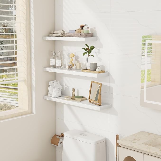 Fun Memories 32 Inch Floating Shelves Wall Shelf Set of 3, White Bathroom Shelves 32 Inch, Farmhouse Home Decor Living Room, Kitchen White Shelves for Wall, 32 x 6.7 x 1.4 Inch