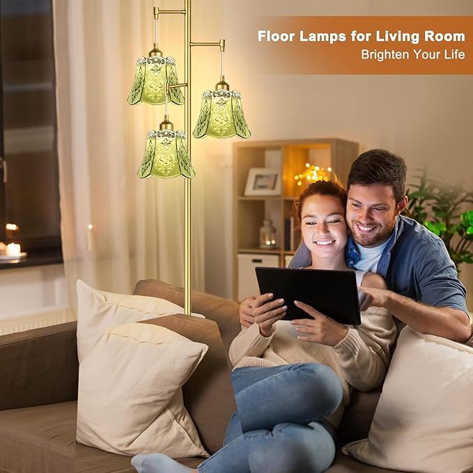 Gold Floor Lamp for Living Room,Bedroom,Tree 3 Light Standing Lamp Mid Century Modern Brass Tall Floor Lamps Vintage Retro Floor Lights Glass Green Flower Lamp Shade Farmhouse Boho Bohemian