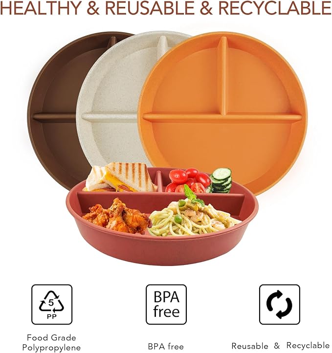 greenandlife 9 Inch 4PCS Portion Control Plates with Lids, Divided Plates for Kids Adults, Dishwasher Microwave Safe Compartment Plate Set, Unbreakable Lightweight Reusable Wheat Straw Plate, Sunset