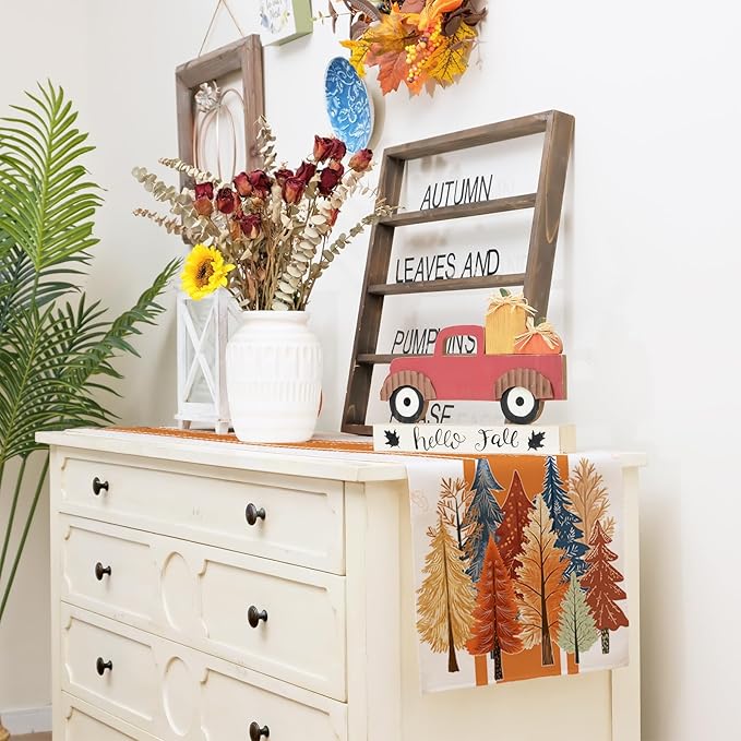 GEEORY Fall Watercolor Tree & Maple Leaves Striped Table Runner 13x36 Inch, Rustic Farmhouse Autumn Thanksgiving Decor for Kitchen, Dining, Indoor/Outdoor Holiday Dinner Party Orange GT157-36