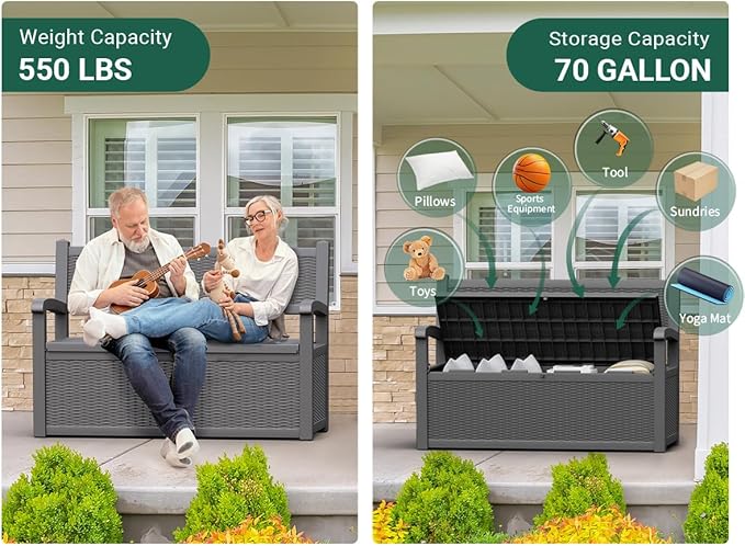 70 Gallon Outdoor Storage Bench Deck Box Lockable for Patio Furniture, Outdoor Porch Bench with Storage Waterproof for Cushions, Garden Tools and Pool Supplies, Grey