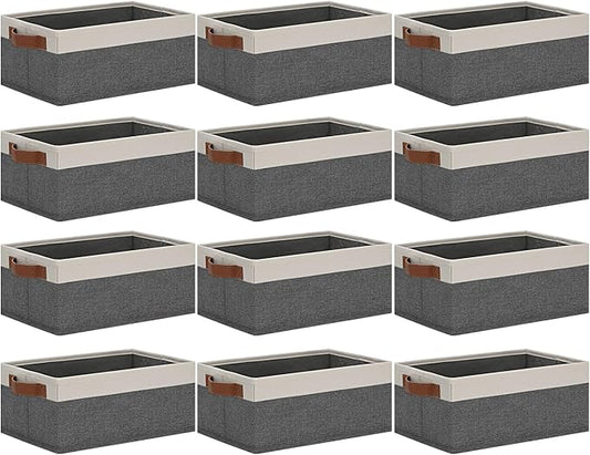 GhvyenntteS Small Fabric Storage Bins 12 Pack, Storage Basket with Leather Handles, Closet Storage Bins for Shelves, Storage Baskets for Shelves, Home, Office (Grey/White, 11.8" x 7.87" x 5.11")