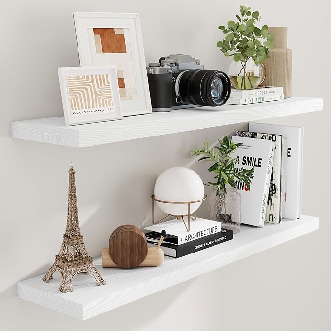 Fun Memories Floating Shelves 48 Inch Set of 2, White 48 x 9 Wall Shelves for Home Decor Storage, Rustic Wood Floating Shelf for Wall, 9 Inch Deep Shelving for Bathroom, Living Room, Kitchen