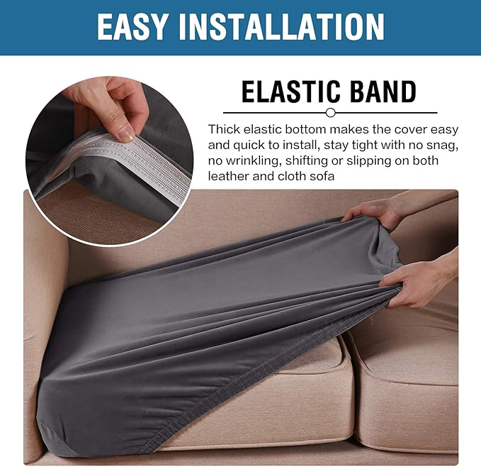 H.VERSAILTEX Velvet Stretch Couch Cushion Cover Plush Cushion Slipcover for Chair Loveseat Sofa Cushion Furniture Protector Seat Cushion Sofa Cover (2 Piece Medium Sofa Cushion Covers, Grey)