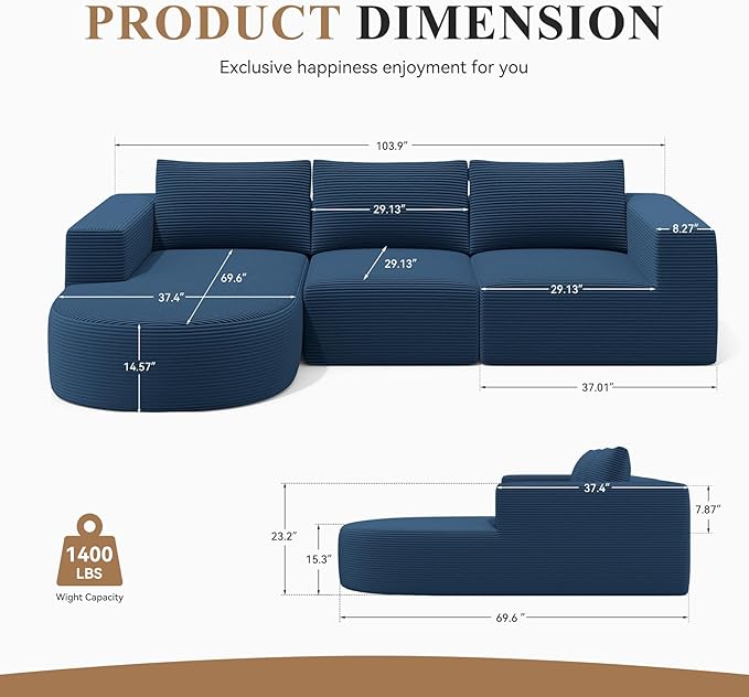 Modular Sectional Sofa with L-Shape Chaise,Cloud Sectional Modern Sleeper Couch with Deep Seat,Sponge Compression Sofas No Assembly Required (Blue-Corduroy Fabric) 1PCS