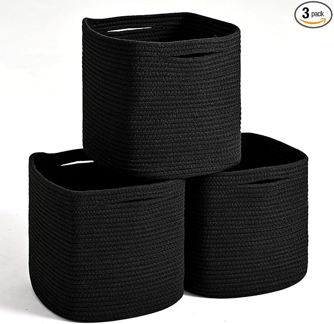 11 Inch Cube Storage Bins, Storage Cube Organizer Bins, Woven Cotton Rope Basket for Storage, Storage Baskets for Organizing Shelves, Square Baskets for Toys, Black (Pack of 3)