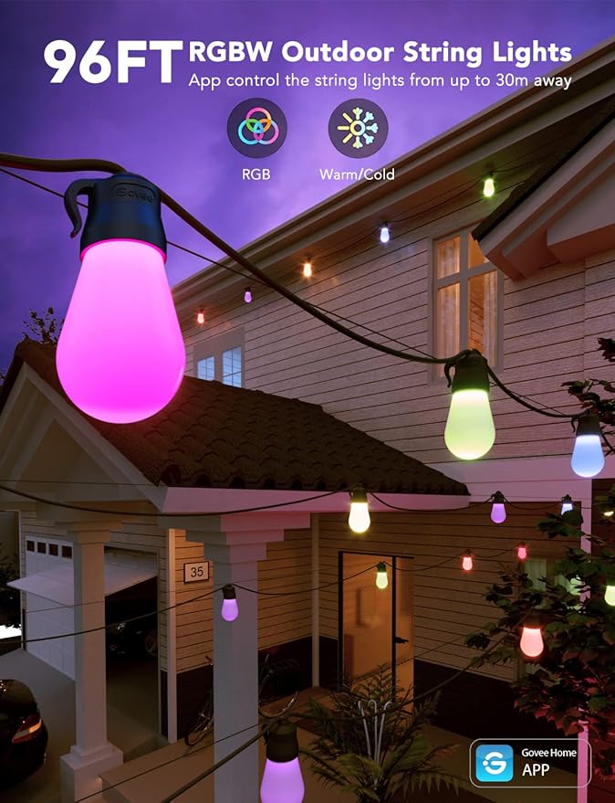 Govee Smart Outdoor String Lights H7016, 96ft RGBIC Outdoor Lights with 30 Dimmable LED Bulbs, IP65 Waterproof, Color Changing Warm White Lights with 47 Scene Modes for Patio, Backyard, App Control