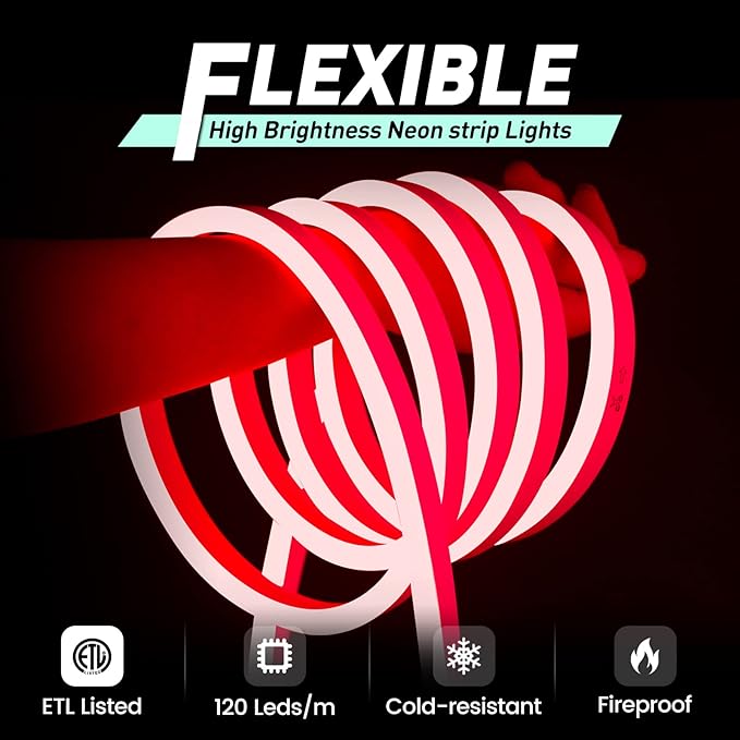 GZBtech Flexible LED Neon Rope Lights 66FT,AC 110-120V Waterproof Strip Light, 120 LEDs/M Cuttable Connectable Neon Lighting for Indoor Outdoor Home Decor/Commercial Building Use-Red 20M