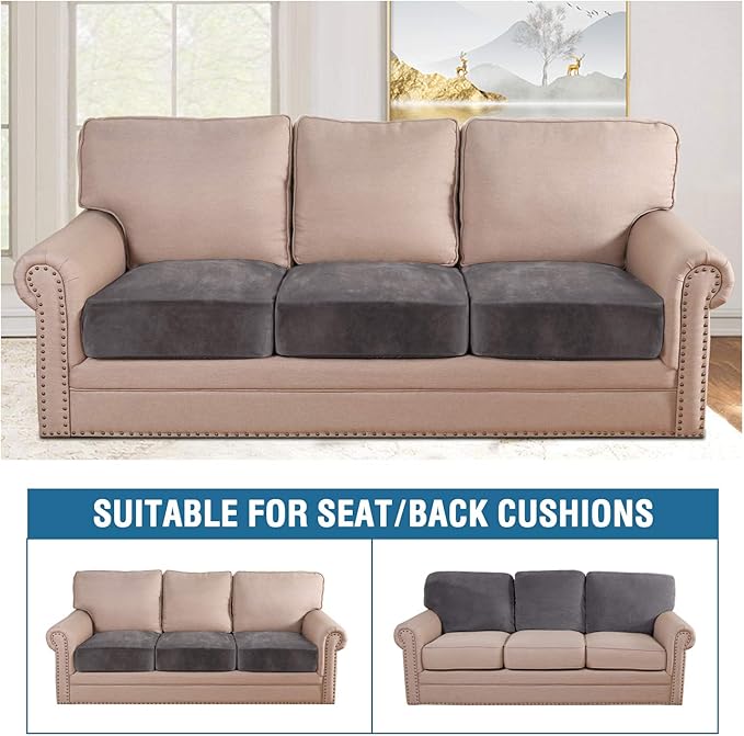 H.VERSAILTEX Velvet Stretch Couch Cushion Cover Plush Cushion Slipcover for Chair Loveseat Sofa Cushion Furniture Protector Seat Cushion Sofa Cover (3 Piece XL Sofa Cushion Covers, Grey)